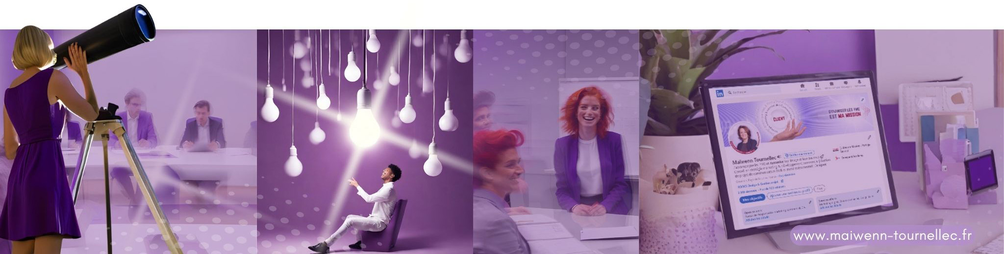 images successives de réunions, ateliers d'idéation et réalisation, avec une femme qui regarde dans une longue vue pour symboliser la vision de l'entrepreneur